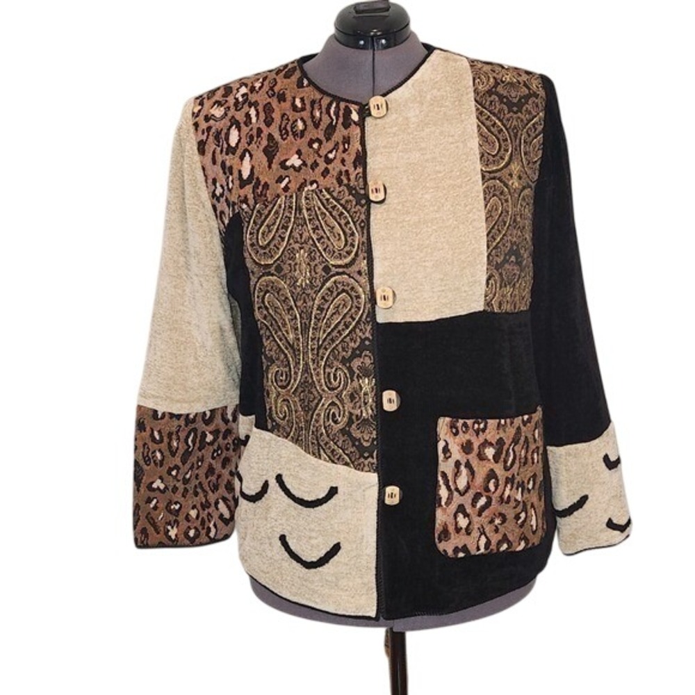 Vtg 1X Patchwork‎ Jacket Leopard Paisley Tapestry Cardigan MOB WIFE ART beige XL